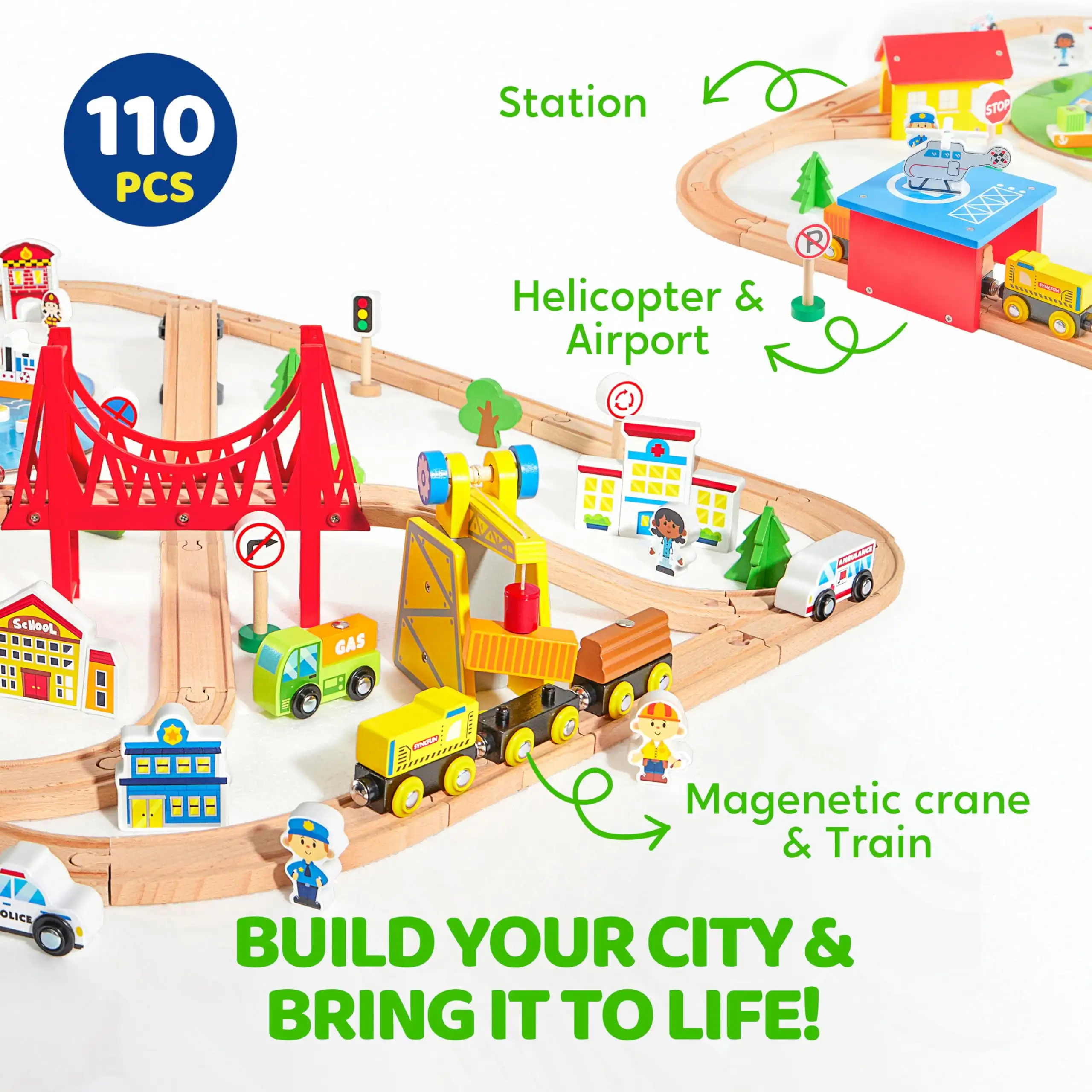 Joyfy Set di treni in legno da 110 pezzi con binari Set ferroviario per scene di città con treni magnetici Giocattolo per bambini Compleanno Regalo di Natale