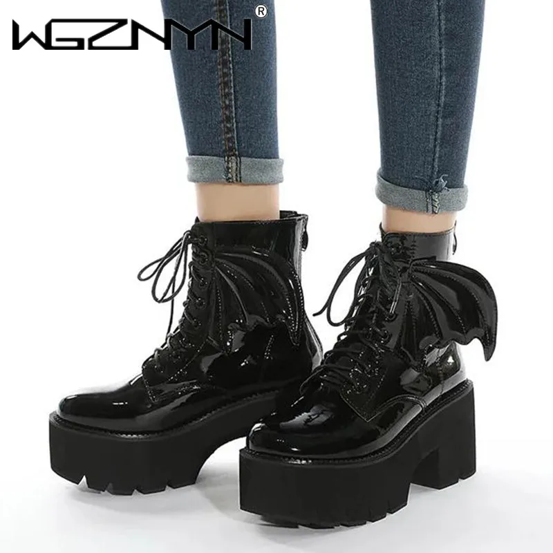 2024 Damskie czarne buty z zamkiem błyskawicznym z tyłu na grubym obcasie Punk Goth Style Lace Up Solid Color Platform Short Boots for Women Fashion