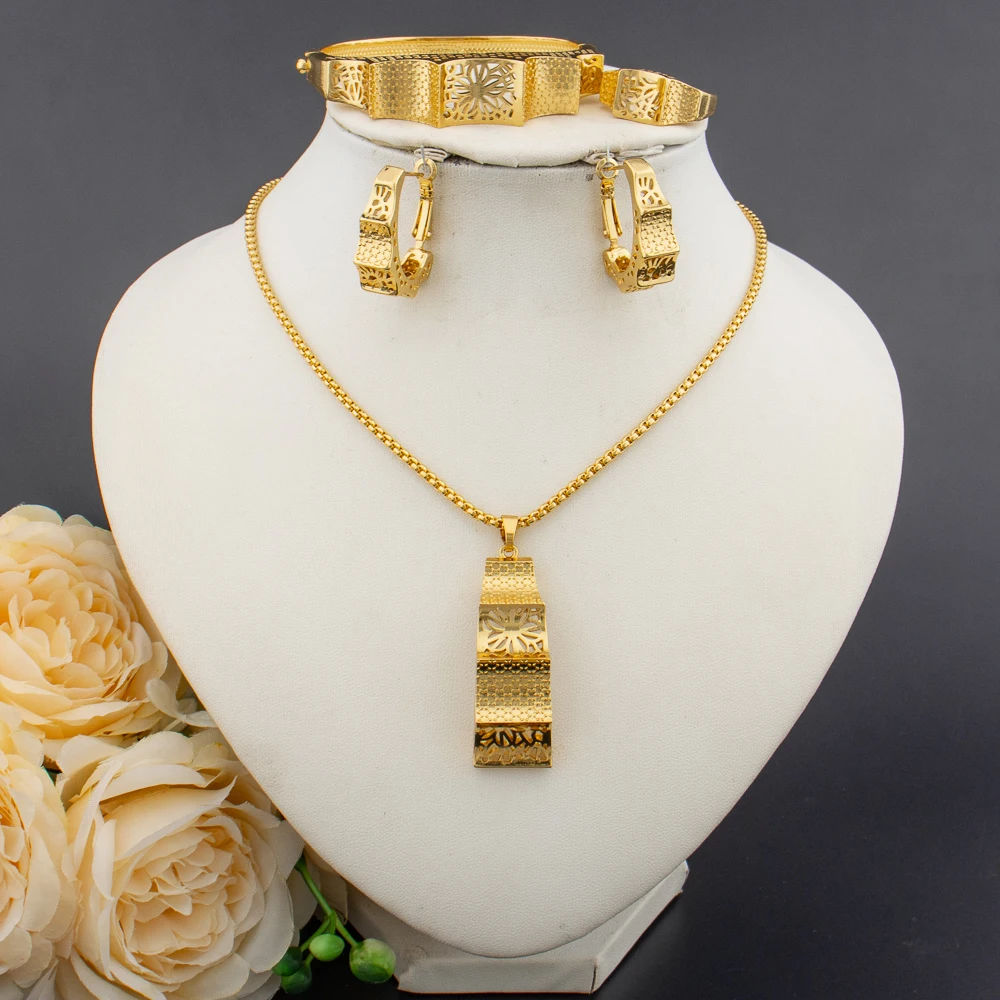 Women African 18k Gold Color Jewelry Set Pendant Necklace Drop Earrings Elegant Ladies Bangle Ring Set for Party Fashion Bangles