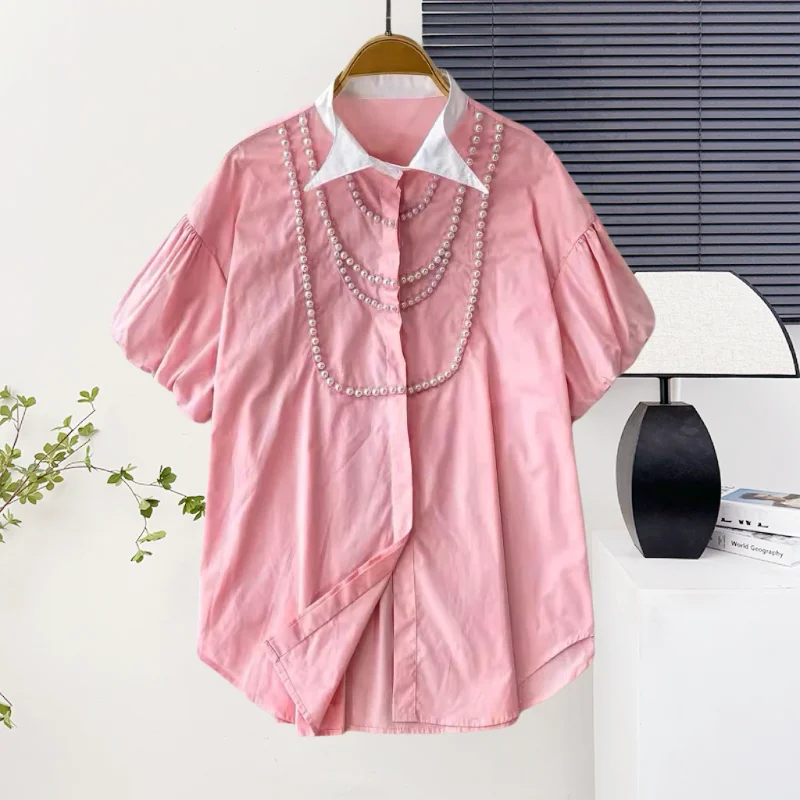

2025,New,European,Clothes,Loose,Blouse,Fashion,Sexy,Turndown collar,Button,Beading,Single-breasted,Women,Short Sleeve,Tops,56036