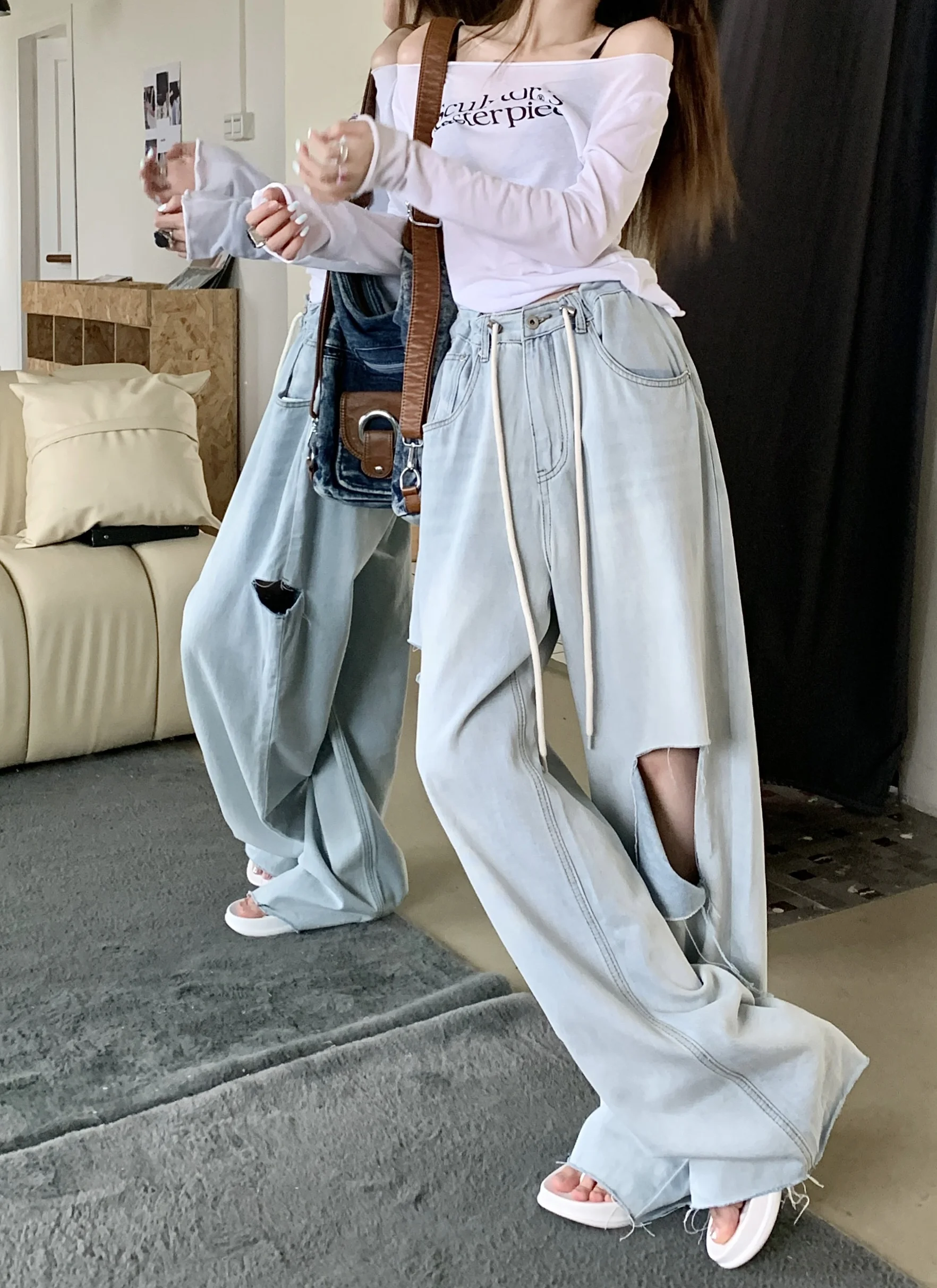 American Light Blue Jeans For Women's Summer Thin Drawstring Loose Wide Leg Pants With Straight High Waist Pants Women