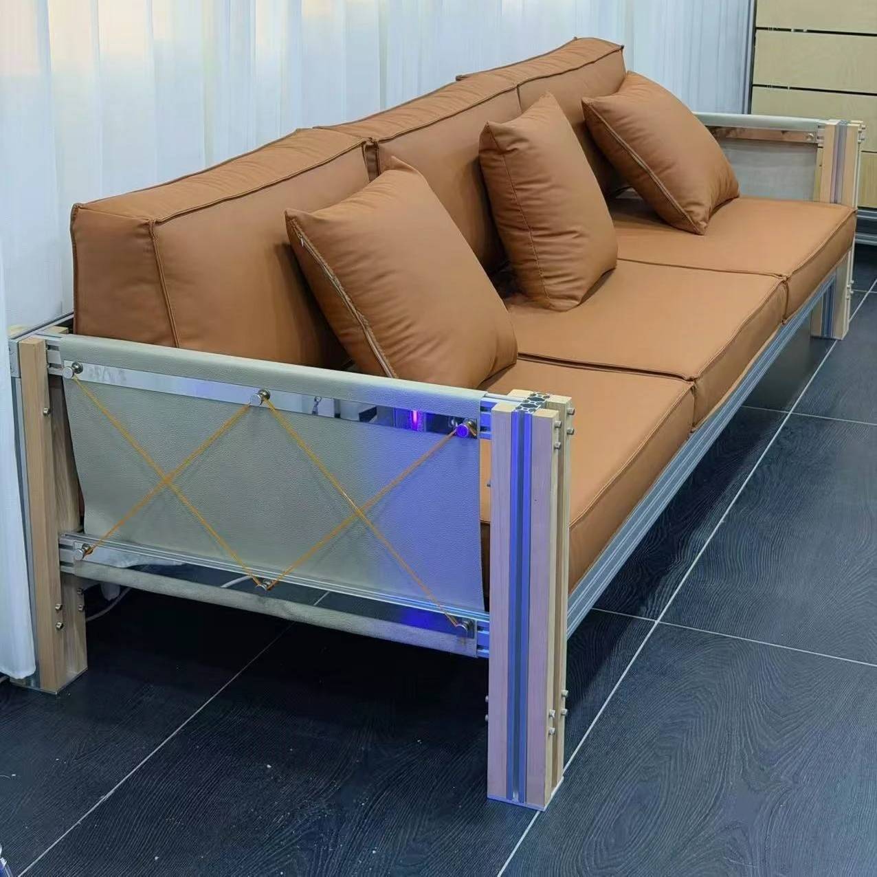 Aluminum profile, walnut wood, upholstered sofa, industrial style, vintage metallic feel
