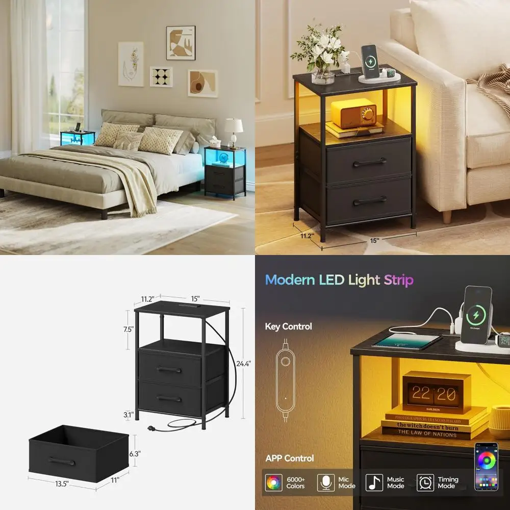 

Комплект из 2 прикроватных тумбочек с зарядными устройствами и LED-подсветкой, тканевыми ящиками, открытой полкой, черный цвет