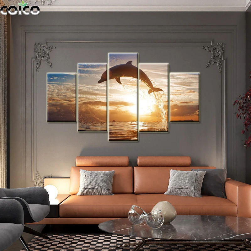 

5 Panel Wall Art with Frame Dolphin Poster Sunset Seas Landscape Canvas Print Painting Modern Art Modular Home Decor Picture