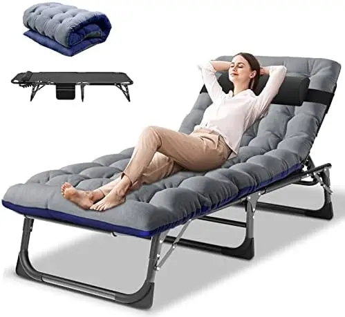 

Folding Lounge Chair with Mattress, 4 Position Adjustable Folding Sleeping Bed Cot Chaise Lounge Chairs Perfect for Sunbathing,