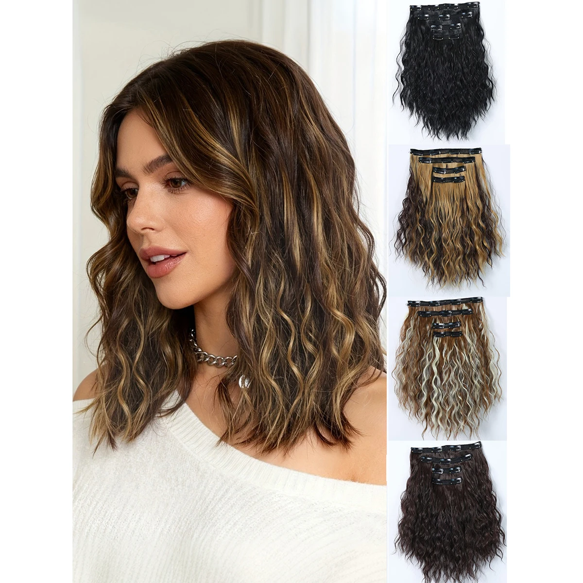 

4-piece pack of 12-inch synthetic curly hair extensions, clip-on short, soft, natural wavy hair extensions, high-temperature inv