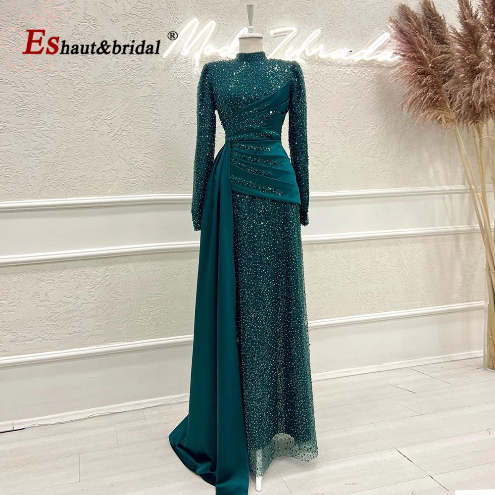 Elegant Dubai Muslim Evening Night Dress for Women 2023 High Neck Long Sleeves Ruffles Beads Formal Prom Wedding Party Gowns