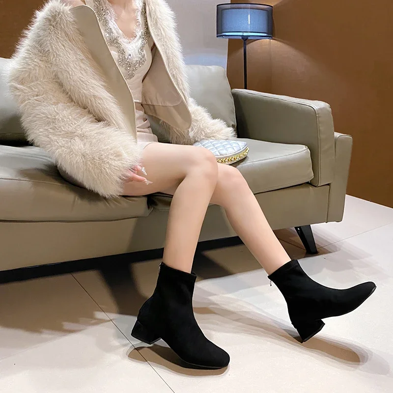 2025 Autumn Winter Suede Women Back Zip Ankle Boots Fashion Square Heel Ladies Elegant Low Heels Short Booties Women's Footwear