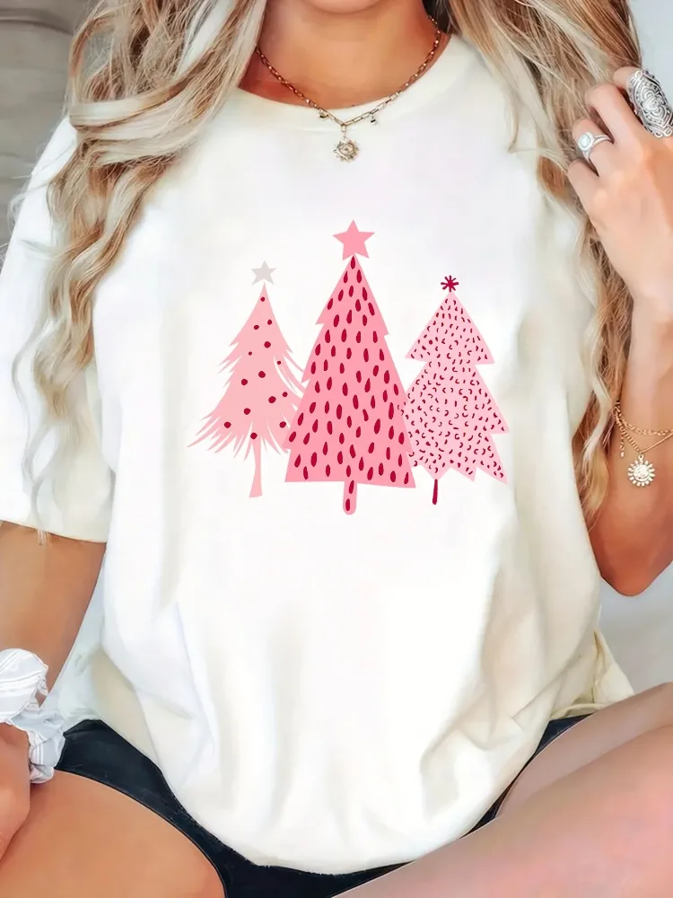 المرأة عارضة طاقم الرقبة تي شيرت هندسي الوردي شجرة عيد الميلاد نمط قصيرة الأكمام مريحة عيد الميلاد ارتداء لعوب السترة #2