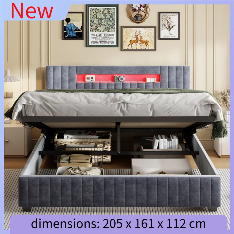 Letto Creahappy Soft-Pad, struttura letto matrimoniale 160x200 cm, struttura letto contenitore con funzione contenitore idraulico e luci a LED