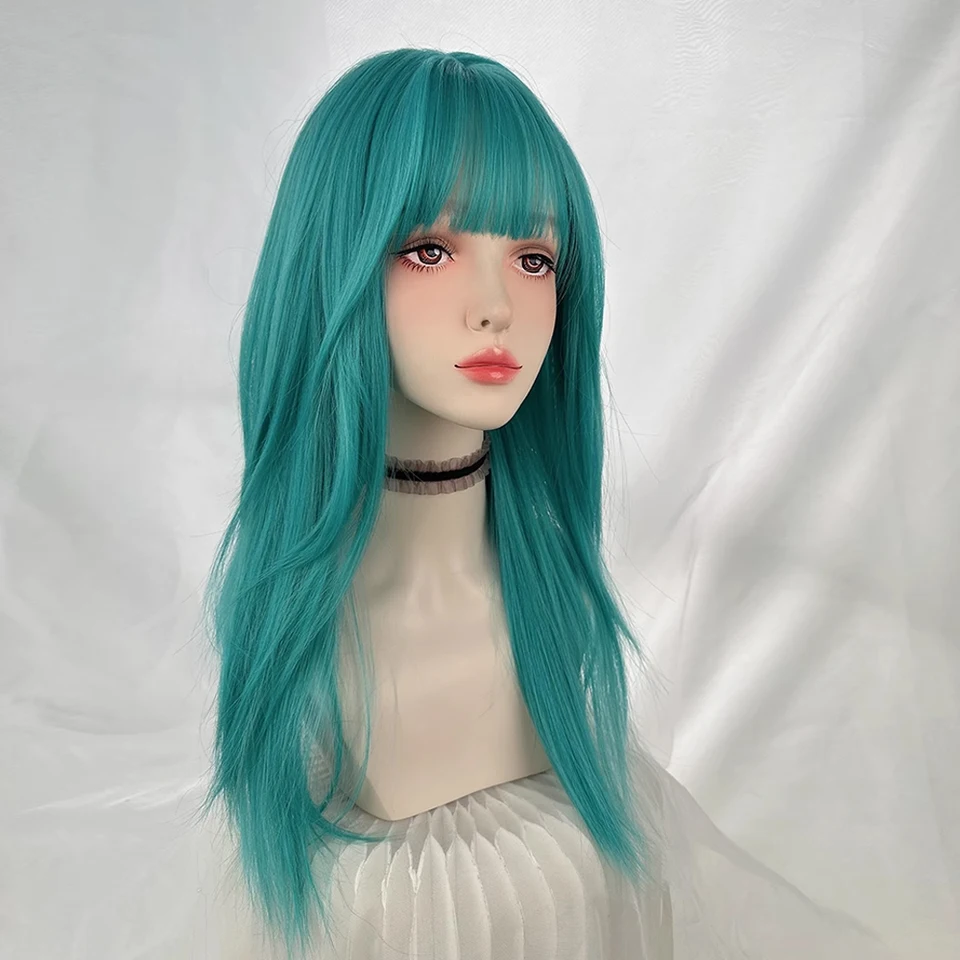 Peluca sintética larga y lacia color verde azulado con flequillo, para mujer, esponjosa y resistente al calor, para uso diario y fiestas 5
