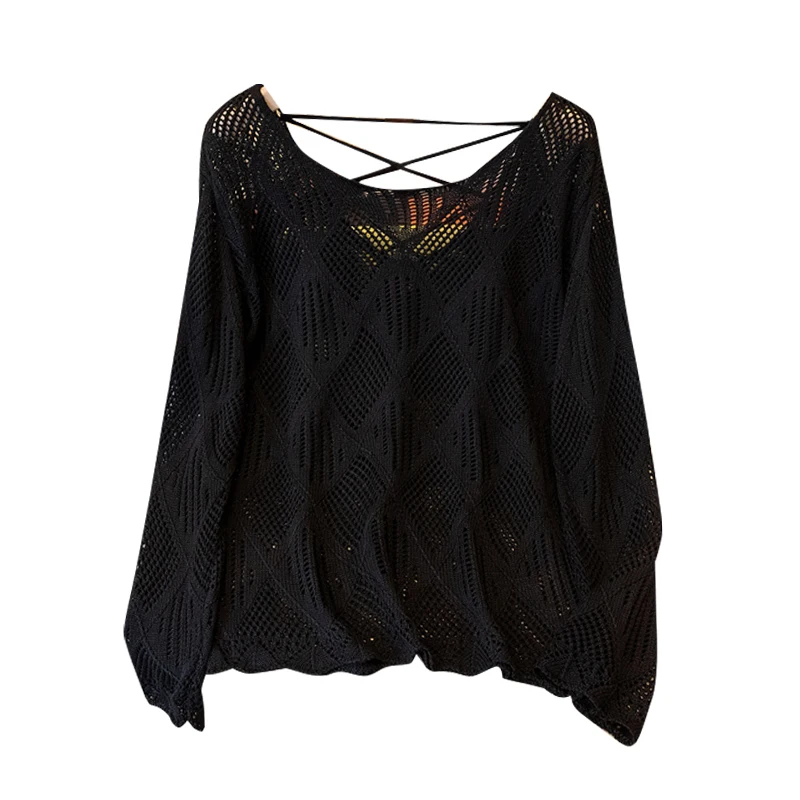 Haut tricoté ajouré pour femmes, grande taille, début d'automne, gros MM, Design coréen, Sensation amincissante, Long, Sve irt