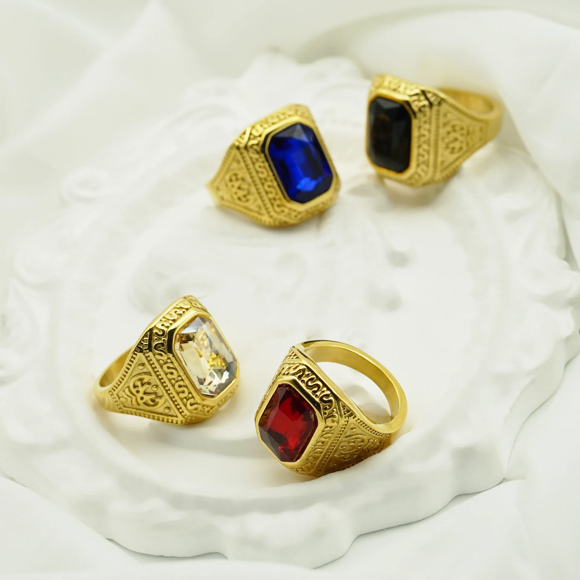 Vintage Man Boy rhinestone Brown Stones Gold silver color Ring in Stainless Steel Jewelry Mens Accessories Anel Aneis