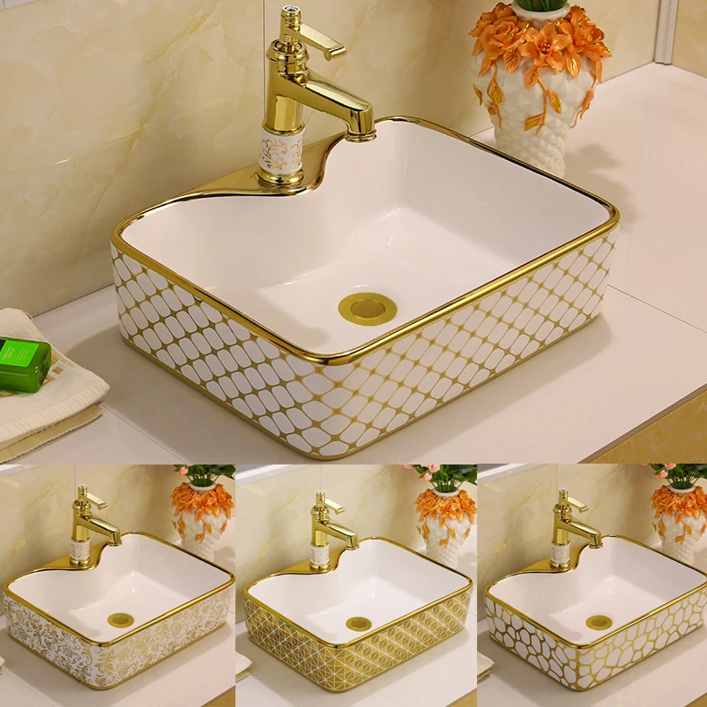 

Luxury Sanitary Ware Table Top White Gold Washbasin Art Bathroom Sink Ceramic Golden Wash Basin