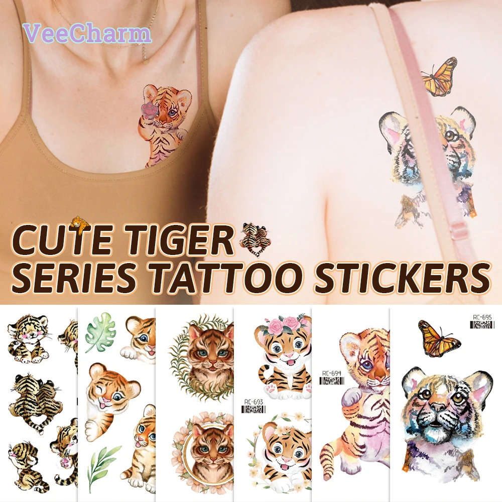 

VeeCharm - Chic Cartoon Tiger Tattoo Sticker, Cute Animal Temporary Tattoo, Stylish Accessory for Instagram Moments, 1/10 Sheet