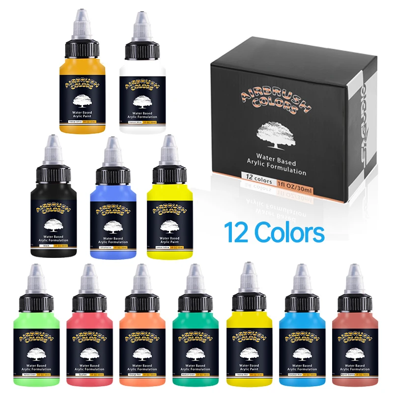 Sagud Airbrush Paint Set 12/24 Colors 30ml neprůhledná a voda na bázi zářivkové akrylové barvy pro boty nehty umění diy model malba