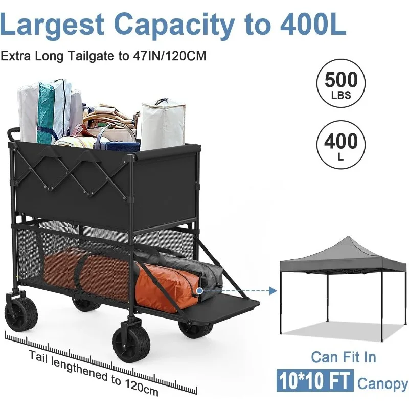 Folding Double Decker Wagon with 400L Large Capacity, 500lbs Heavy Duty Collapsible Wagon, All-Terrain Big Wheels