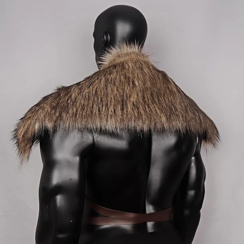 Bufanda con cuello de manto de pieles sintéticas para hombre, accesorio de disfraz de vikingos para Cosplay de Halloween, pieles envolventes para hombros de samurái Vintage para fiesta y escenario