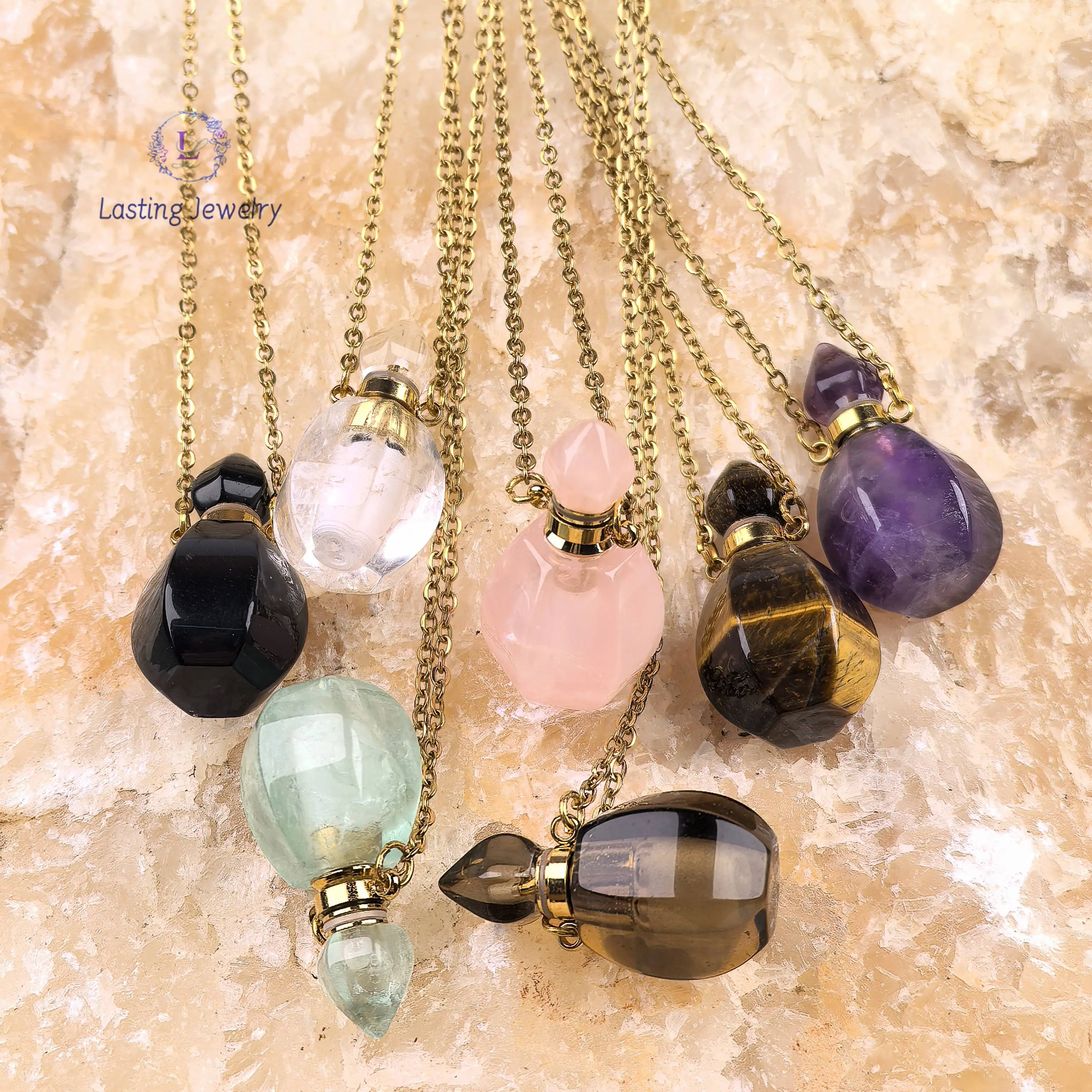 

Healing Crystal Green Fluorite Perfume Bottle Pendant Necklace,Obsidian Quartz Essential Oil Diffuser Vial Charms Women Jewelry