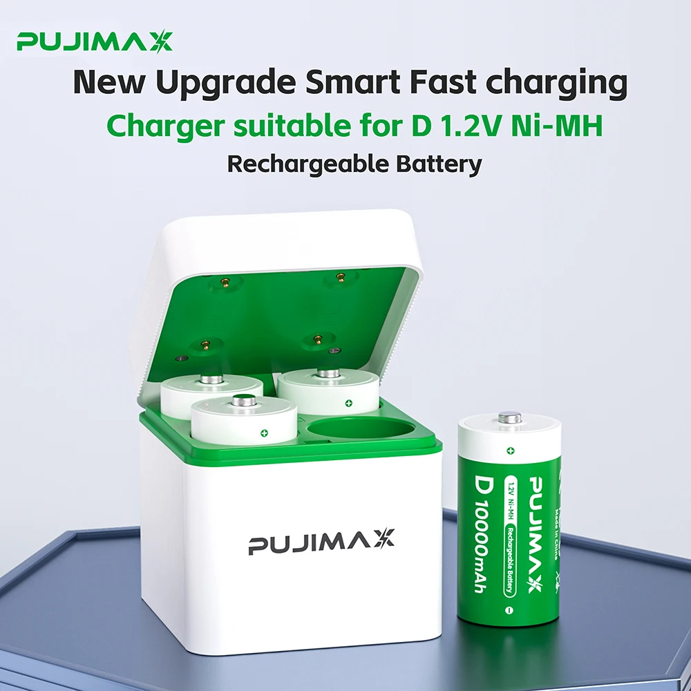 PUJIMAX 4 Slot D Size Battery Charger 1.2V 10000mAh LR20 D Cell Ni-MH Rechargeable Battery for Gas Cooker Water Heater Flashligh