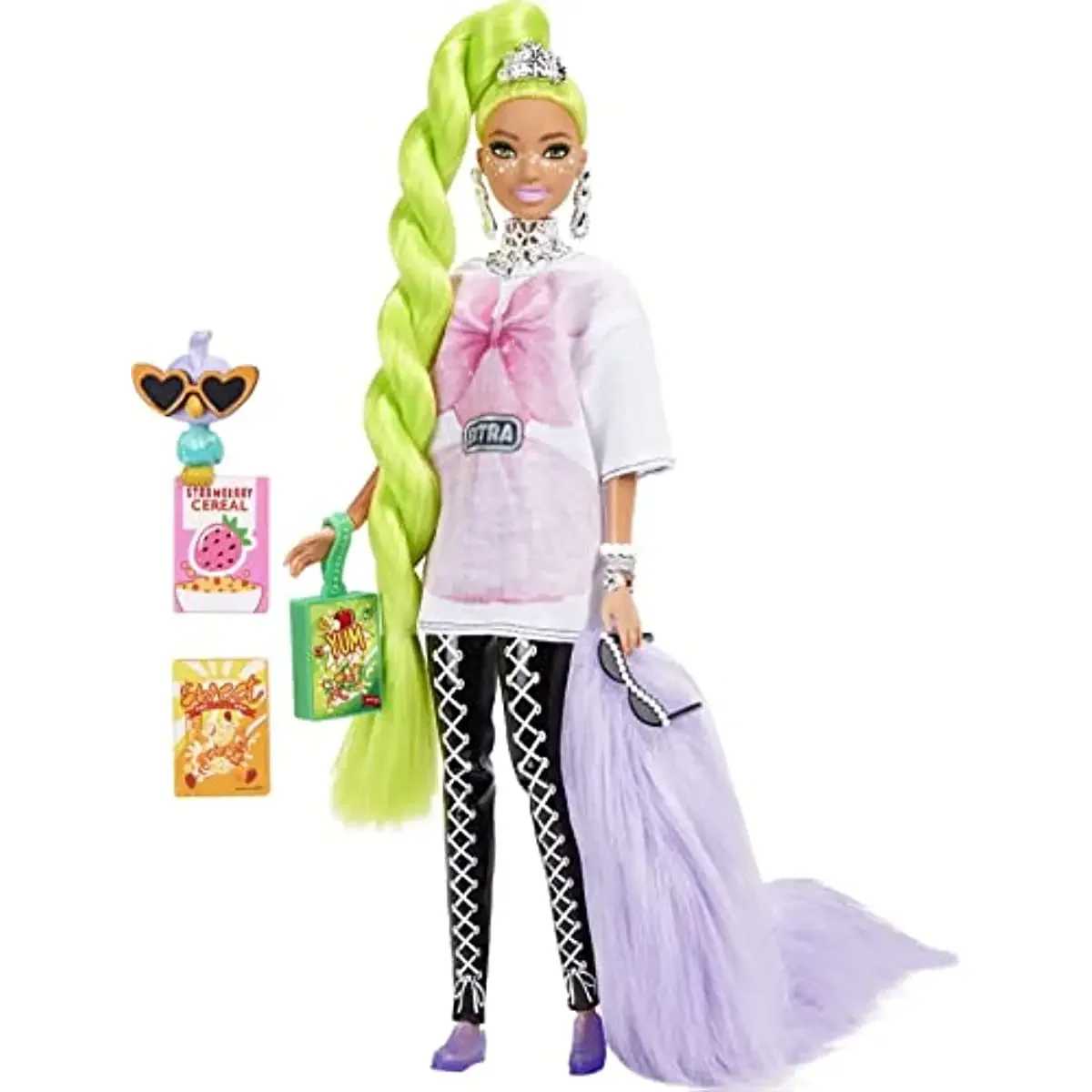 

100% Original Barbie Extra Fashion Doll Neon Green Hair Pet Parrot Feather Boa Toys for Kids Girls Christmas Birthday Gifts