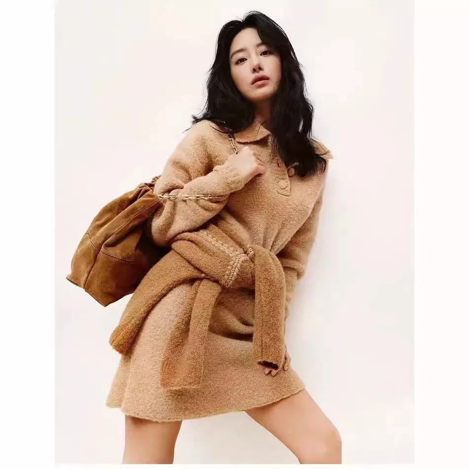 

Свободный вязаный свитер с открытым воротником и спущенным плечом, модный комплект с вязаной юбкой, осенне-зимний французский стиль