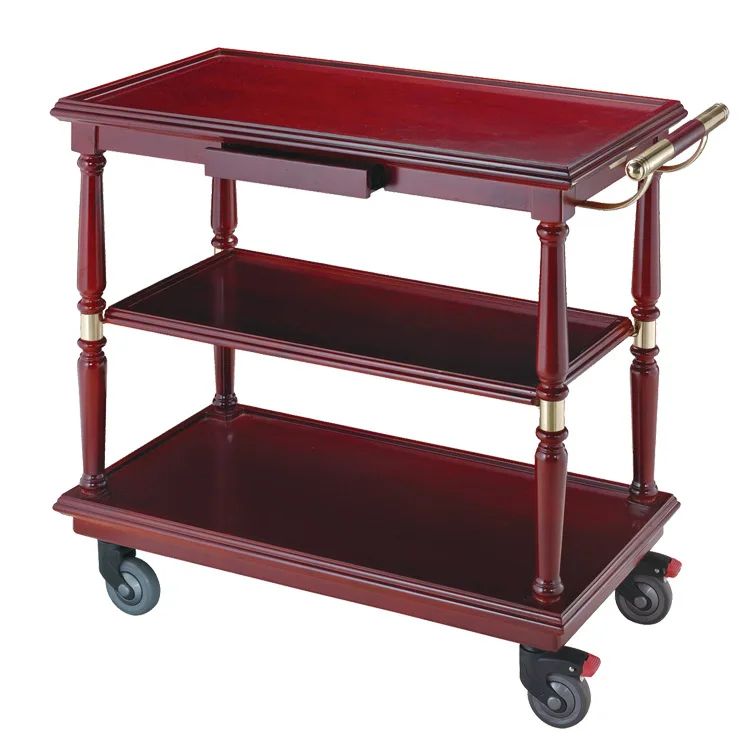 Three-layer push dining cart, tea cart, clubhouse, hot pot restaurant, mahogany color food delivery cart