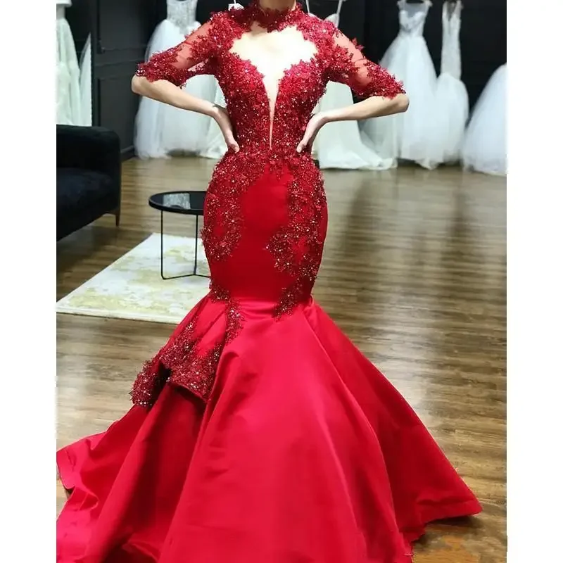 

Customized Vestios De Novia Mermaid High Neck Half Sleeves Lace Bridal Gowns Sweep Train Satin Red Beaded African Wedding Dres