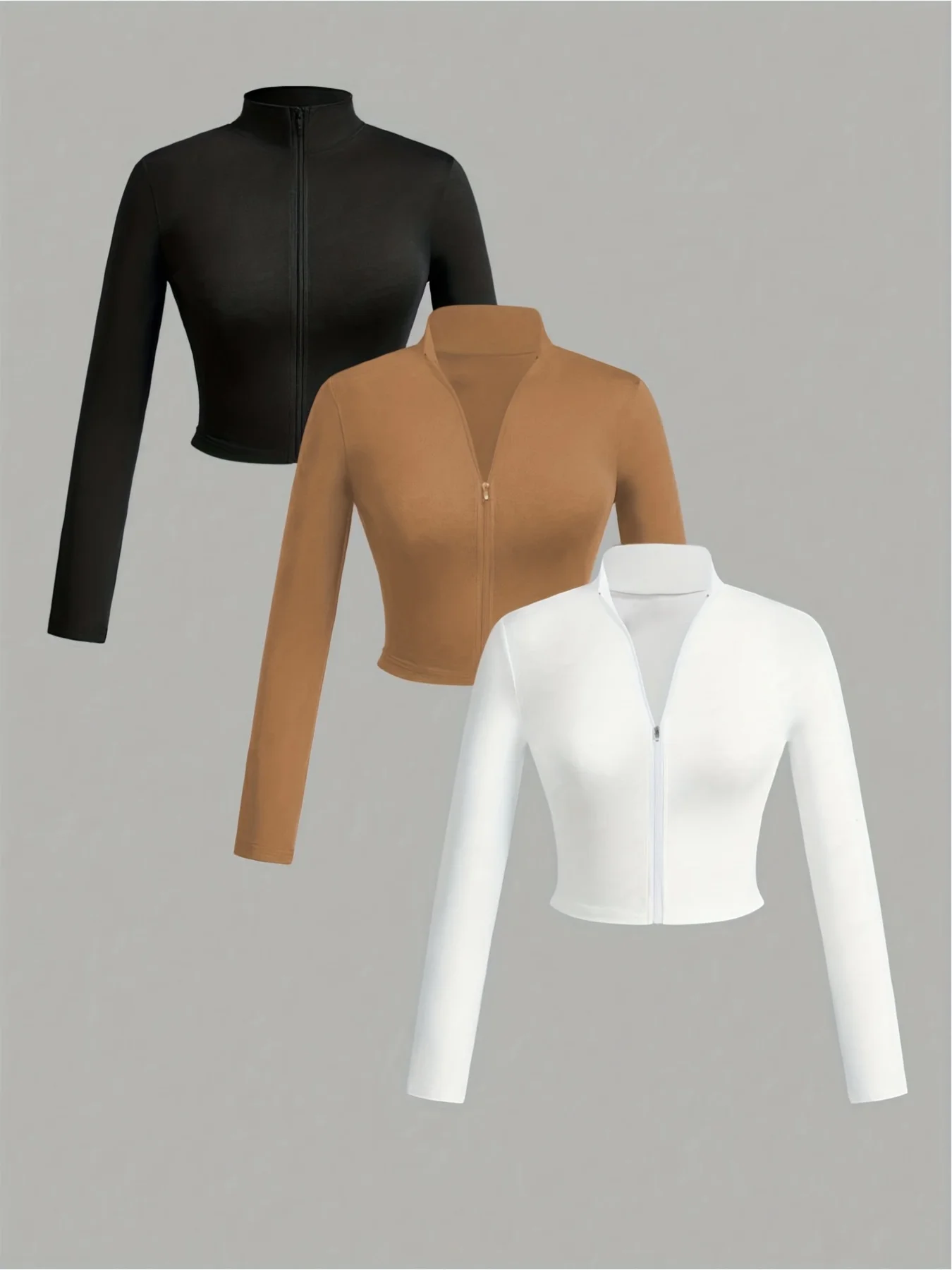 

Однотонное женское пальто с полувысоким воротником и длинными рукавами, повседневный и удобный кардиган на молнии, комплект из трех предметов.