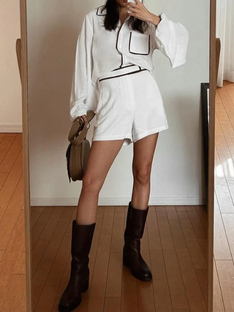 

Women's Elegant Set Cotton Linen Long-Sleeved Black White Contrasting Color Design Shirt Shorts Two-Piece New in Summer