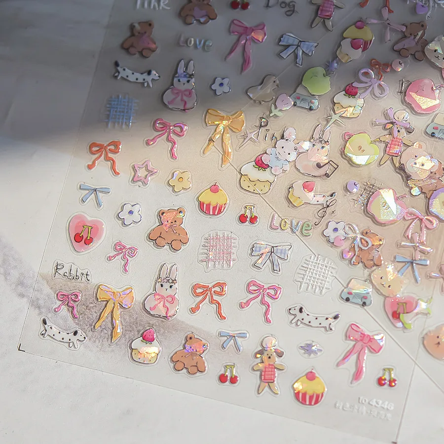 1pcs 3D Thin Tough Kawaii Ribbon Bear Rabbit Nail Art Stickers Adhesive Manicure Tool Phone Case Stationery Decoration