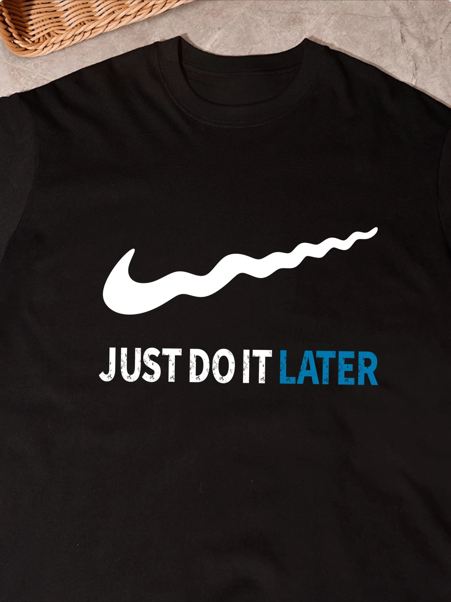 JUST DO IT LATER T-shirt Lazy Person Procrastination Spoof English Word Printed Short-sleeved Pure Cotton T-shirt Plus-size Man