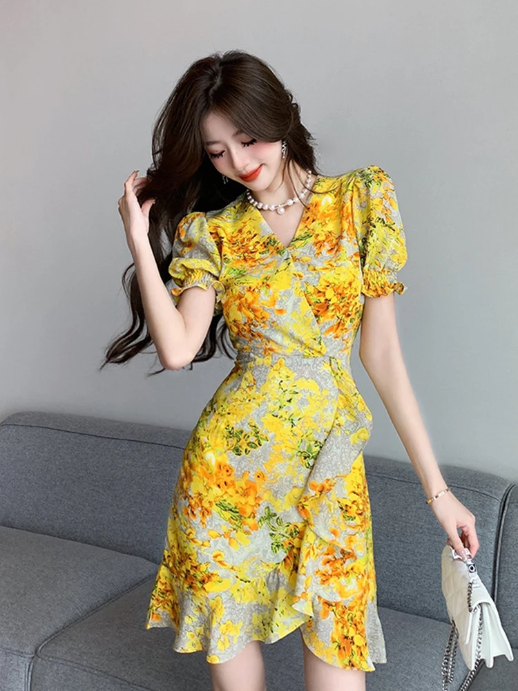 Summer Chiffon Short Dress Women Clothes Elegant Pretty Vintage Boho Print Casual Short Sleeve Wrap Hip Mini Beach Mujer Vestido