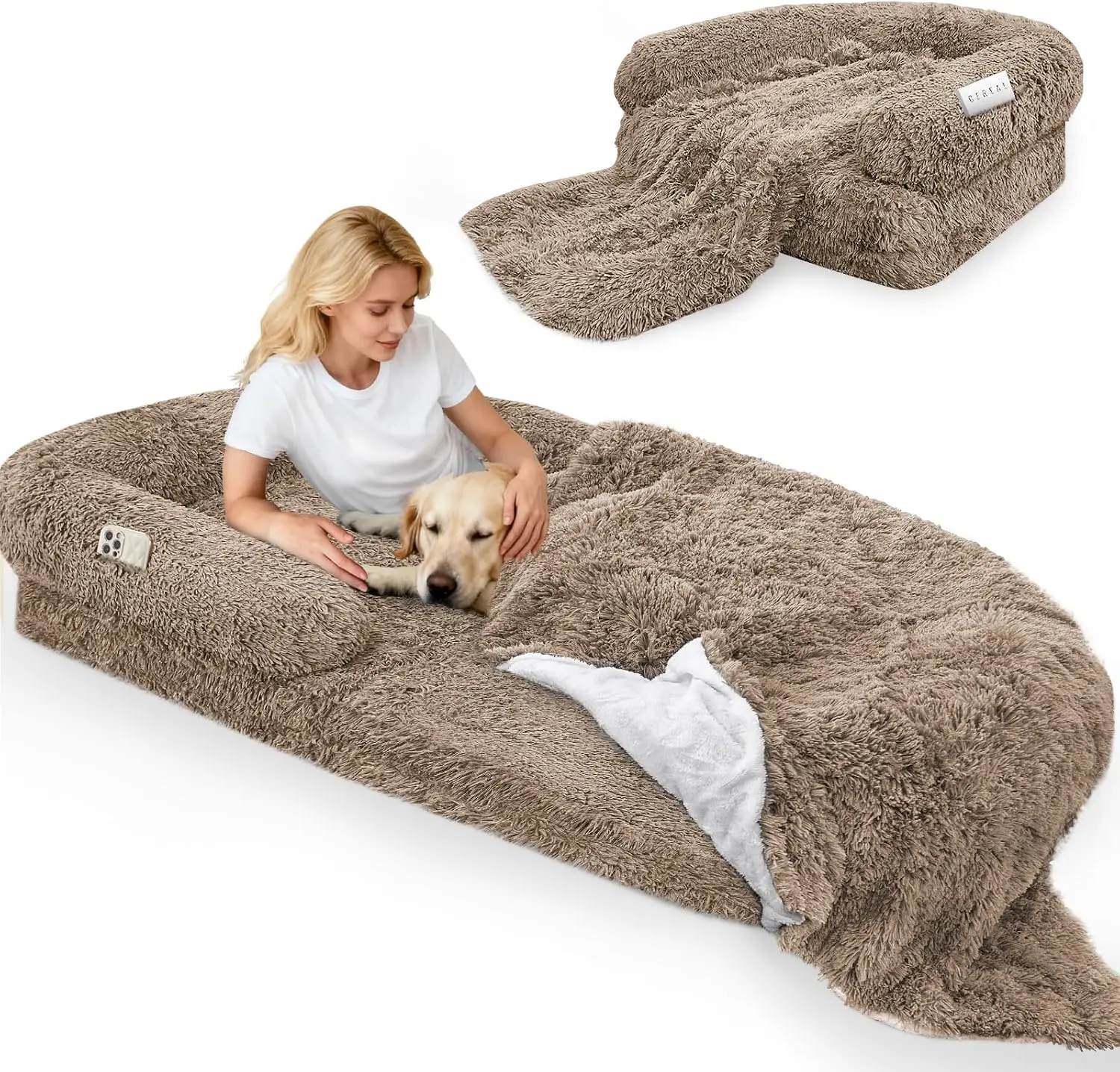 Oversize 2-in-1 Human and Dog Bed 71x38x9 Inch Orthopedic Memory Foam with Waterproof Washable Cover, Non-Slip Bottom, Removable Blanket