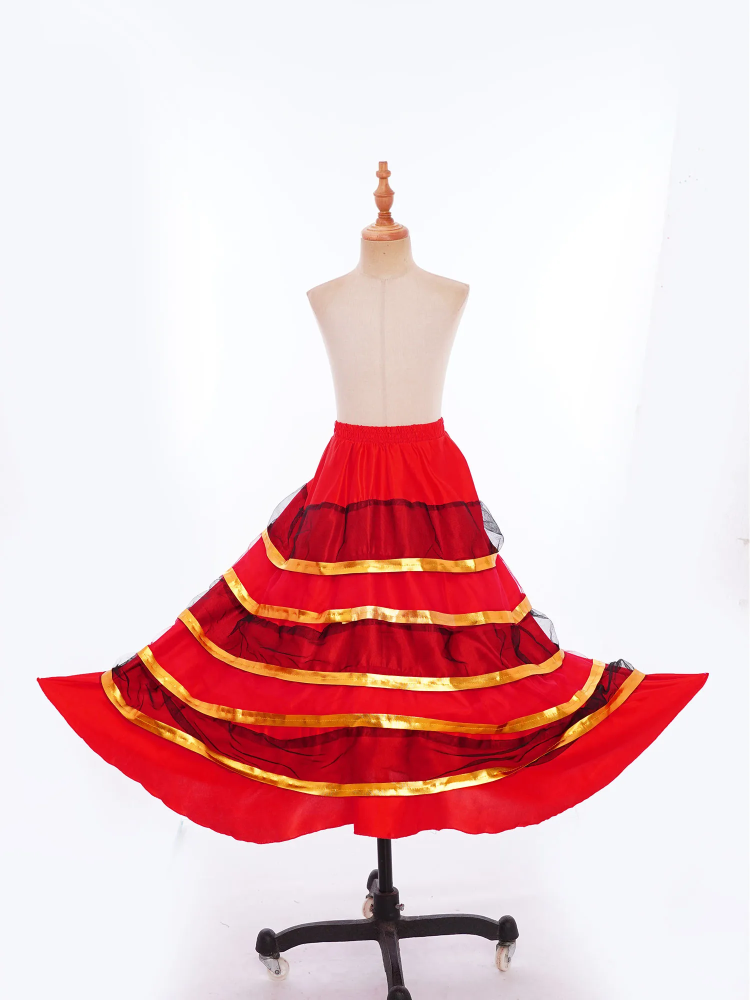 180/360 Grad spanischer Flamenco-Tanzrock für Kinder und Mädchen, metallischer Goldbesatz, gestufte Rüschen, breiter Saum, Röcke, Ballsaalkleid