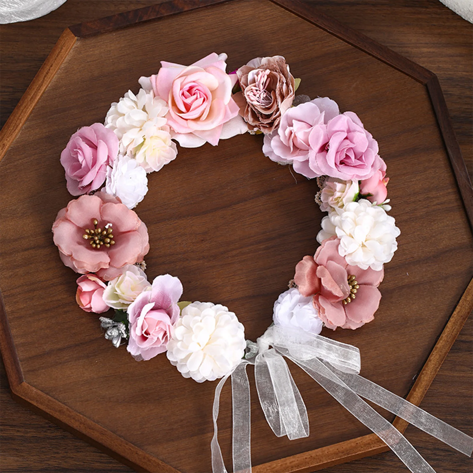 

Realistic Fabric Roses Bohemian Floral Crown Adjustable Headband For Bride Bridesmaid Wedding Prom Photography Party Gift 16cm