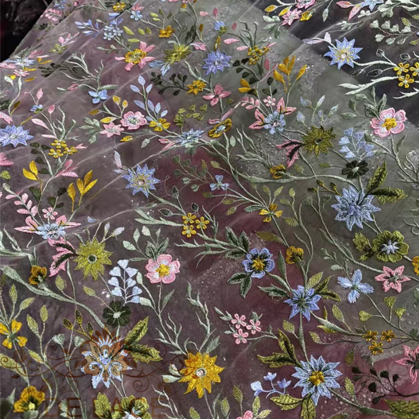 

YCM Fancy Colorful Pastoral Green Pink Flower Lace Embroidery Fabric Color Flower Lace WEdding Dress Lace Fabric