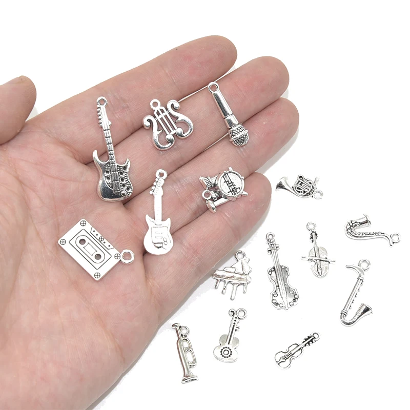 15pcs Mixed Musical Instrument Theme Guitar Piano Violin Charms Antique Silver Color Pendants For DIY Bracelets Jewelry Making