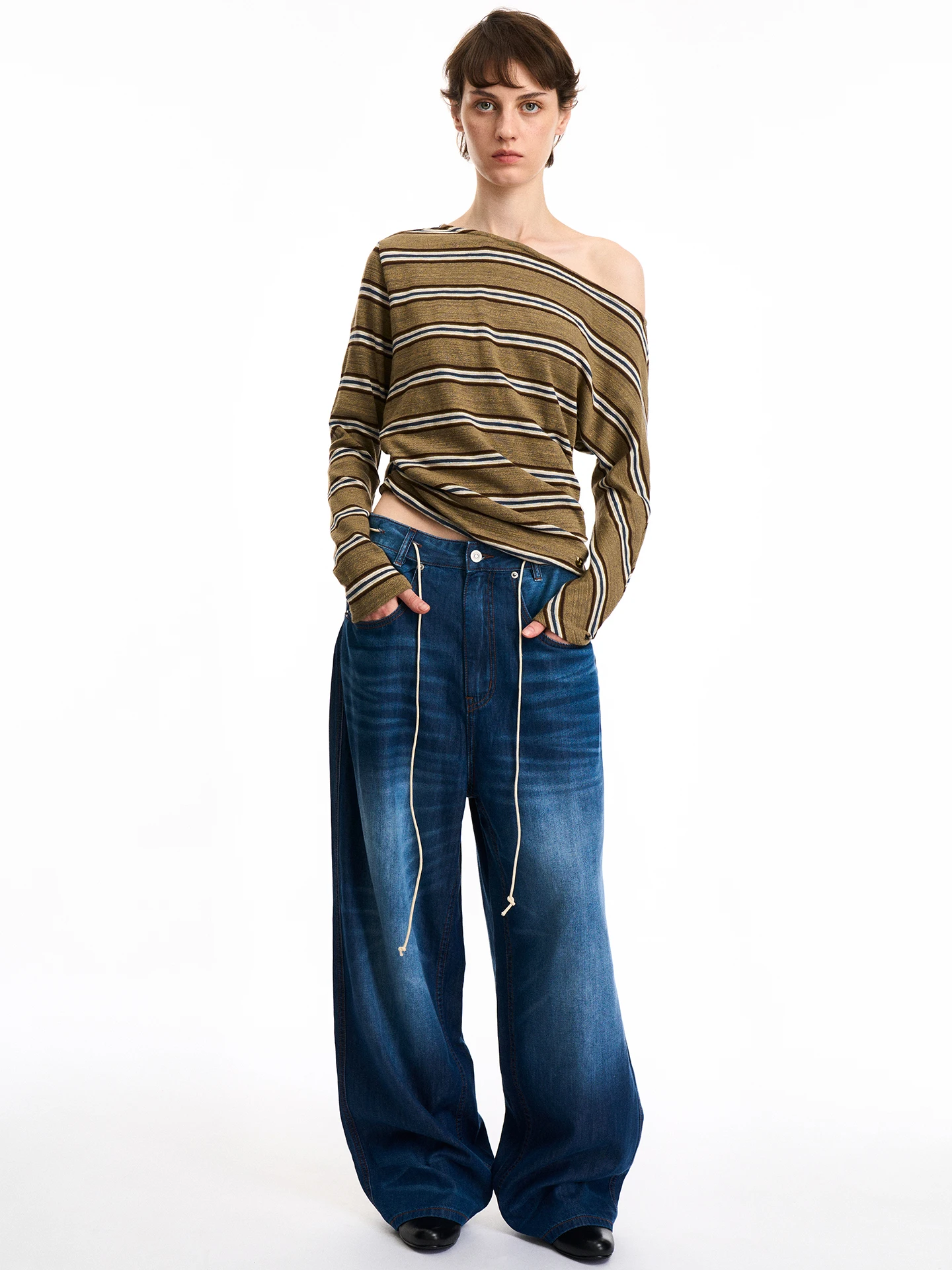 

NOINFO Sle Mid-Century oulder Asymmetrical Long Sve Striped Knitwear Trendy Women's Top for Autumn Winter