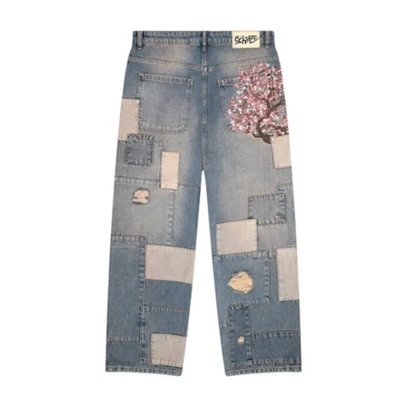

Cherry Blossom Selvedge Embroidery Denim Pants Y2k Retro Men Casual Baggy Straight Wide Leg Jeans High Quality Hiphop Streetwear