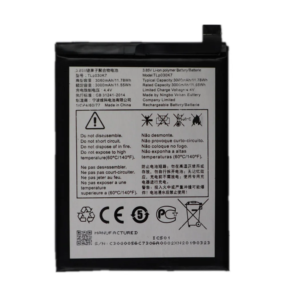 New 3060mAh TLp030K7 Battery For Alcatel 1S 2019 OT-5024 5024A 5024D 5024J 5024I 5024F High Quality Mobile Phone Battery Bateria