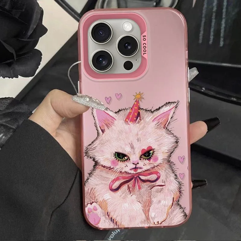 

cute cartoon cat phone case for iphone 17 pro max 16 15 plus 14 13 11 camera protection shockproof silicone cover for iphone 12