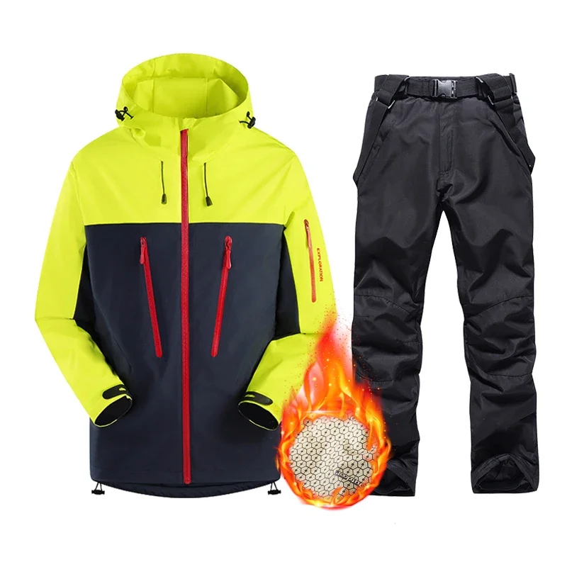 Men Winter Thick Ski Suit Warm Waterproof Windproof Hooded Fleece 2 In 1 Set Jacket and Pants Outdoor Hiking Climbing Skiwear