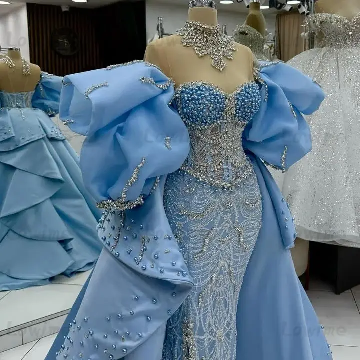 

Luxurious Blue Party Dress Puffy Sleeves Crystals Long Prom Dresses With Overskirt Formal Events Evening Gowns Customized 2026