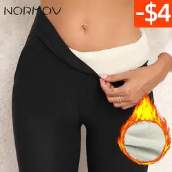 NORMOV-Leggings de lana gruesa para mujer, pantalones térmicos de terciopelo cálido, de cintura alta, con bolsillo