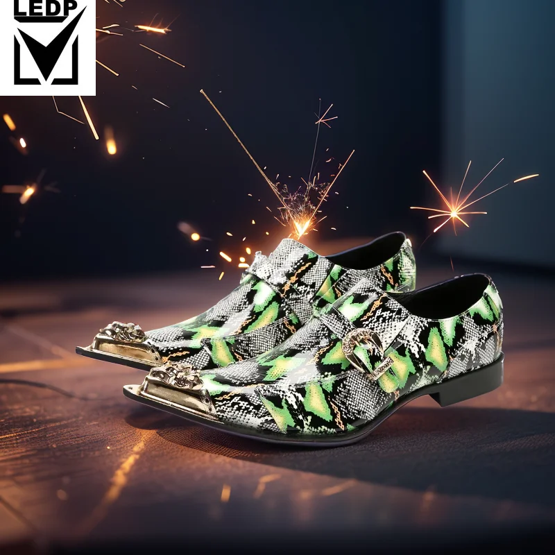 

Spring and Autumn Python Skin Metal Chain Fashion Shoes Cap Man Commercial Affairs Banquet Marry Formal Wear Leather Shoes