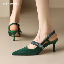 Spring Summer Women Pumps Elegant Fashion Party Office Rhinestone Sandals Pointed Toe Thick Heels Genuine Leather Shoes Woman