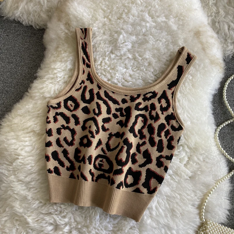 Ropa de verano Boring Honey para mujer, camisetas sin mangas tejidas con estampado de leopardo, Top corto básico ajustado, chaleco sin mangas, ropa