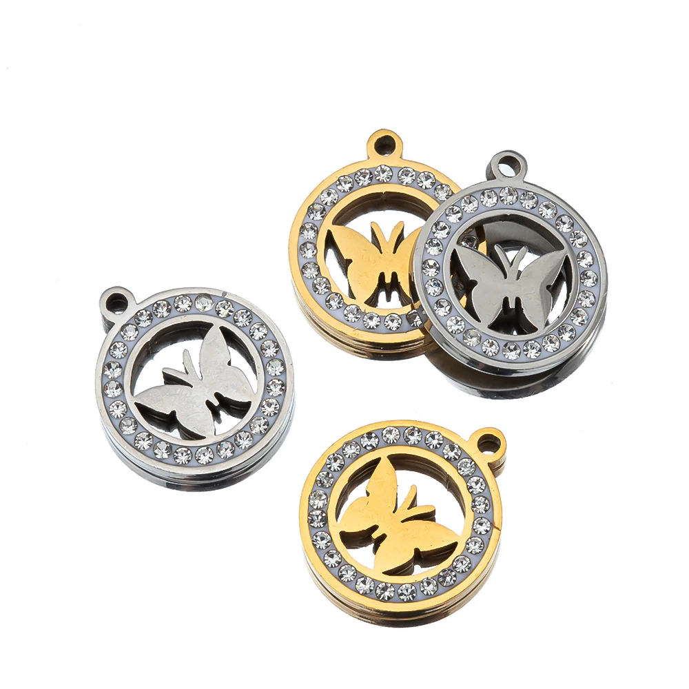 2pcs Stainless Steel Zirconia Encrusted Round Plaque Pendant Hollowed Out Butterfly Pendant Necklace Bracelet Earrings Charms