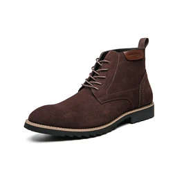 Brand Cow Suede Leather Men's Boots Men Business Casual High Top Leather Shoes Autumn Winter with Fur Fashion Oxfords For Men